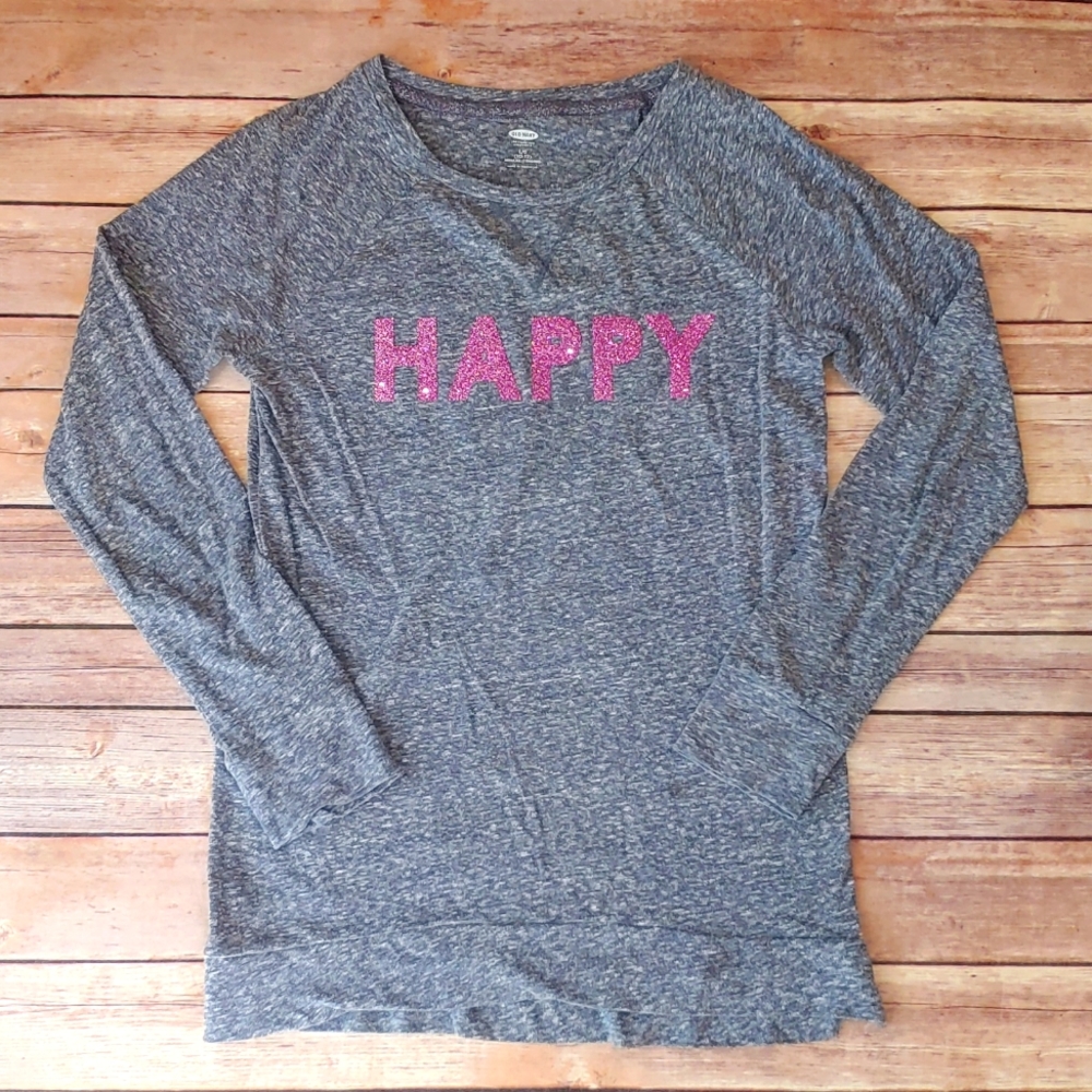 Girl's Soft Long-Sleeved Tee Glitter "HAPPY" - Old Navy Size L (10/12)
